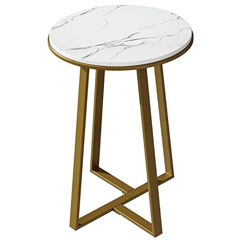 Dorriss Round End Tables, Small End Table White Marble Texture MDF Top,Metal Frame Gold Color, Tall End Table for Bed Room,Coffee Tea End Table for Living Room (White Marble+Gold)