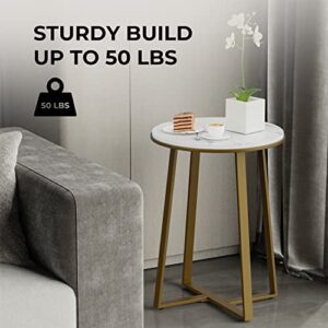 Dorriss Round End Tables, Small End Table White Marble Texture MDF Top,Metal Frame Gold Color, Tall End Table for Bed Room,Coffee Tea End Table for Living Room (White Marble+Gold)