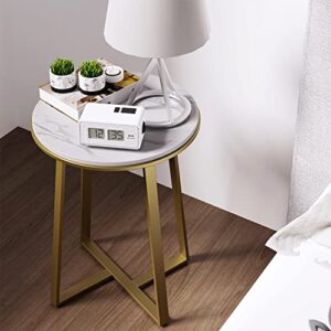 Dorriss Round End Tables, Small End Table White Marble Texture MDF Top,Metal Frame Gold Color, Tall End Table for Bed Room,Coffee Tea End Table for Living Room (White Marble+Gold)