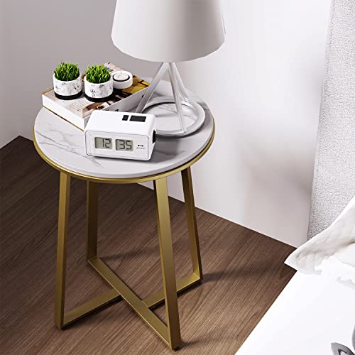 Dorriss Round End Tables, Small End Table White Marble Texture MDF Top,Metal Frame Gold Color, Tall End Table for Bed Room,Coffee Tea End Table for Living Room (White Marble+Gold)