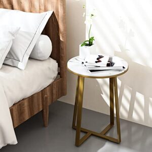 Dorriss Round End Tables, Small End Table White Marble Texture MDF Top,Metal Frame Gold Color, Tall End Table for Bed Room,Coffee Tea End Table for Living Room (White Marble+Gold)