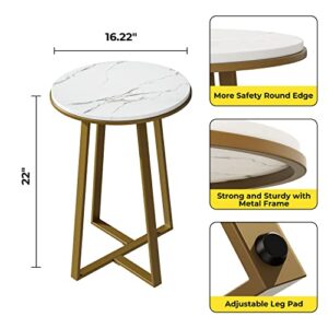 Dorriss Round End Tables, Small End Table White Marble Texture MDF Top,Metal Frame Gold Color, Tall End Table for Bed Room,Coffee Tea End Table for Living Room (White Marble+Gold)