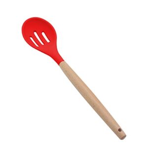 kufung silicone slotted serving spoon, wooden handle nonstick mixing spoon, heat resistant up to 480°f. silicone kitchen cooking utensils non-stick tool for draining & serving (red)