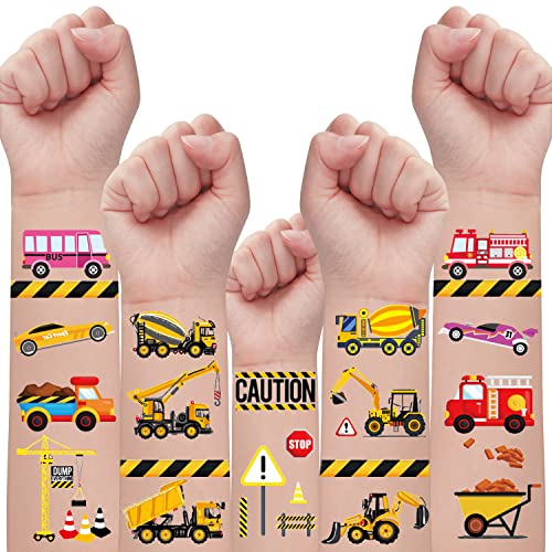 Partywind 110 PCS Cars and Trucks Temporary Tattoos for Kids, Construction Tractor Themed Birthday Party Supplies Decorations for Boys, Construction Trucks Fake Tattoos Stickers for Toddlers - 12 Sheets