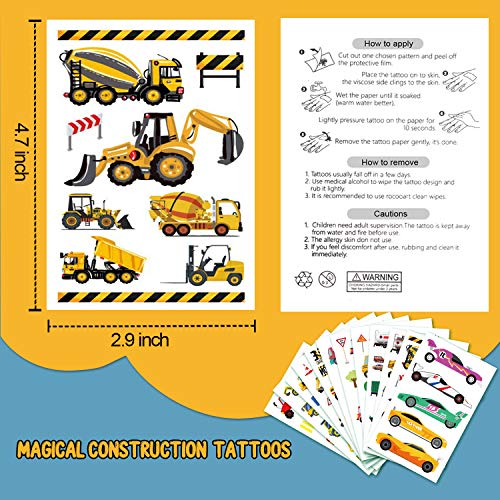 Partywind 110 PCS Cars and Trucks Temporary Tattoos for Kids, Construction Tractor Themed Birthday Party Supplies Decorations for Boys, Construction Trucks Fake Tattoos Stickers for Toddlers - 12 Sheets