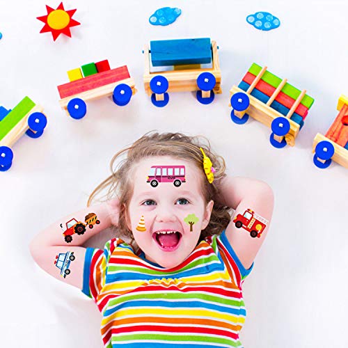 Partywind 110 PCS Cars and Trucks Temporary Tattoos for Kids, Construction Tractor Themed Birthday Party Supplies Decorations for Boys, Construction Trucks Fake Tattoos Stickers for Toddlers - 12 Sheets