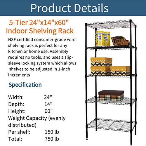 Payhere Storage Metal Utility Shelves, 5-Tier 24" Steel Garage Storage Wire Shelving Unit,750Lbs Rust-Proof Storage Racks w/Leveling Feet, NSF Certification Shelf for Kitchen Office Garage