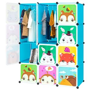 BRIAN & DANY Portable Cartoon Clothes Closet Wardrobe DIY Modular Storage Organizer, Sturdy and Safe for Children, 8 Cubes & 2 Hanging Sections, Blue