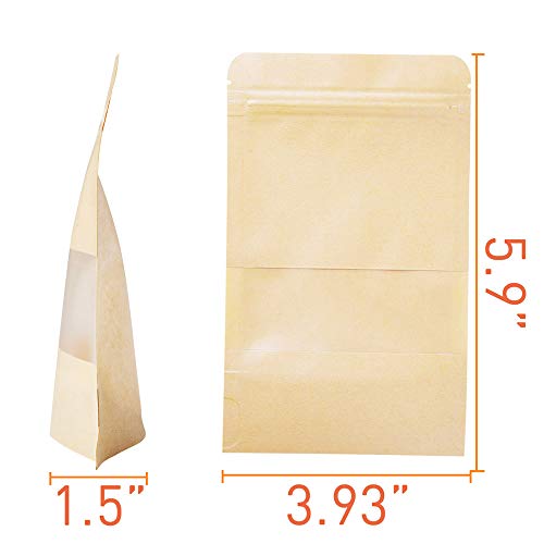 LZLPACKING Kraft Stand Up Pouches bags 100 Pcs,Brown Resealable Bags with Window for Home or Business,Coffee Bags,Zip Lock Food Storage Bags,Sealable Bags for Packaging(3.9×5.9)