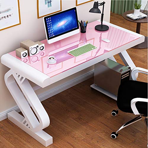 ZYCSKTL Desk Computer Table Modern Large Office Desk,Study Room Tempered Glass Desk, Bedroom Simple Writing Desk, Desktop Home Computer Desk, Easy to Install (Color : Pink, Size : 120 * 60 * 75cm)