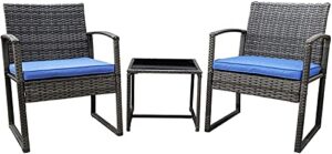 pyramid home decor black wicker furniture - 3 piece bistro set for outdoor conversation - 2 cushioned rattan chairs with glass coffee table for patio, lawn, porch, lounge, deck, balcony & living room