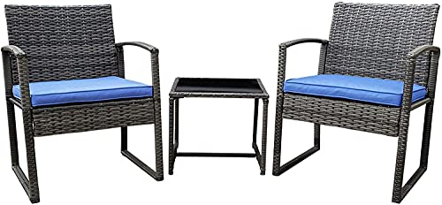 Pyramid Home Decor Black Wicker Furniture - 3 Piece Bistro Set for Outdoor Conversation - 2 Cushioned Rattan Chairs with Glass Coffee Table for Patio, Lawn, Porch, Lounge, Deck, Balcony & Living Room