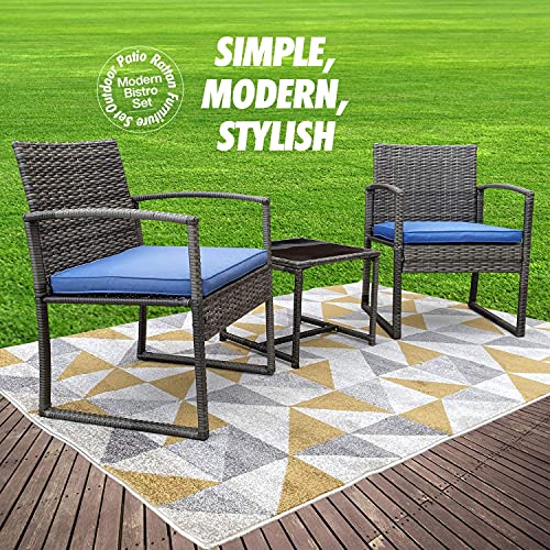 Pyramid Home Decor Black Wicker Furniture - 3 Piece Bistro Set for Outdoor Conversation - 2 Cushioned Rattan Chairs with Glass Coffee Table for Patio, Lawn, Porch, Lounge, Deck, Balcony & Living Room