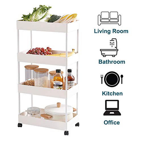 Moxeay 4 Tier Slim Storage Cart Bathroom Utility Cart Mobile Shelving Unit ABS Storage Basket Shelves Rolling Utility Cart Organizer with Caster Wheels for Kitchen Bathroom Laundry Office