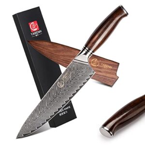 yarenh damascus chef knife 8 inch with sheath, professional kitchen knife, 73 layers japanese damascus high carbon steel, full tang sandalwood handle, fyw series