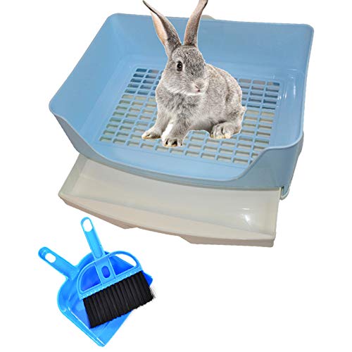 PINVNBY Large Rabbit Litter Box Bigger Pet Litter Pan Trainer with Drawer Corner Toilet Box for Adult Guinea Pigs Chinchilla Ferret Hedgehog Small Animals(Blue)