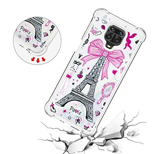 COTDINFORCA Compatible with Redmi Note 9S Case Glitter Cute for Girls Women Liquid Floating Quicksand Shockproof Protective Silicone Case for Xiaomi Redmi Note 9S / Redmi Note 9 Pro Bow Tower YB