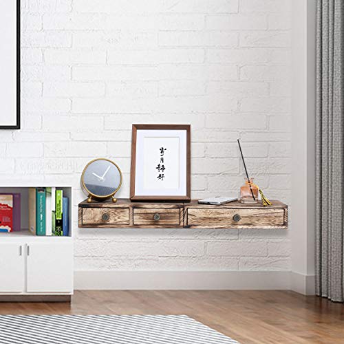 YCOCO Floating Shelf with Drawer Rustic Wood Wall Shelves for Storage and Display Multiuse,Farmhouse Decor Modern Nightstand,Set of 2,Brown