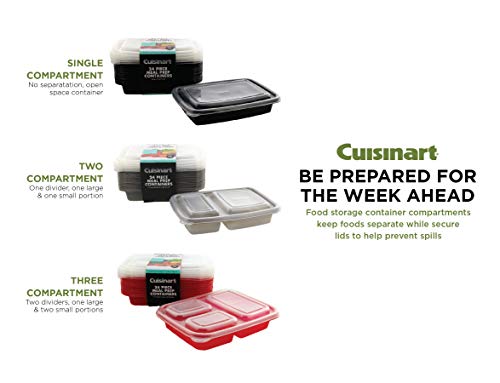 Cuisinart 1 Compartment Meal Prep Containers, 24 Piece, Set of 12 BPA Free Food Storage Containers with Lids-Reusable, Stackable Bento Box Containers-Microwave, Dishwasher, Freezer Safe-Black, 28.75oz