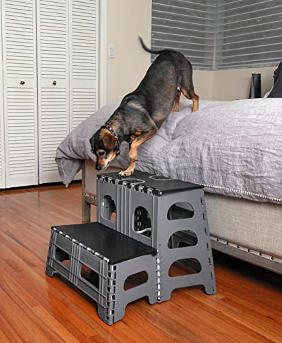 Bee Neat 2 Step Folding Step Stool for Pets and Dogs - Indoor Outdoor Foldable Pet Stairs Ideal for High Bed, Car, SUV & More – Collapsible Step Stool Ladder Supports 200lbs - Gray