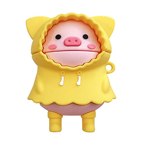 BONTOUJOUR Case Compatible with AirPods Pro, Super Cute Creative Wearing Yellow Raincoat Pink Piggy Case, Funny Kawai Standing Pig Silicone Earphone Protection Skin for AirPods Pro +Hook