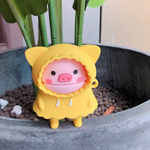 BONTOUJOUR Case Compatible with AirPods Pro, Super Cute Creative Wearing Yellow Raincoat Pink Piggy Case, Funny Kawai Standing Pig Silicone Earphone Protection Skin for AirPods Pro +Hook