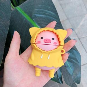 BONTOUJOUR Case Compatible with AirPods Pro, Super Cute Creative Wearing Yellow Raincoat Pink Piggy Case, Funny Kawai Standing Pig Silicone Earphone Protection Skin for AirPods Pro +Hook