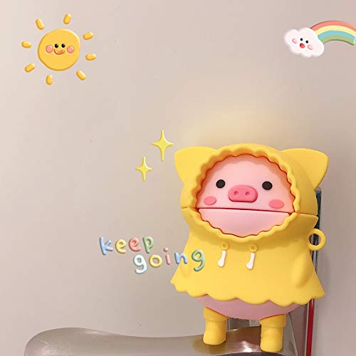 BONTOUJOUR Case Compatible with AirPods Pro, Super Cute Creative Wearing Yellow Raincoat Pink Piggy Case, Funny Kawai Standing Pig Silicone Earphone Protection Skin for AirPods Pro +Hook