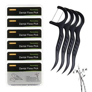 permotary 6 packs bamboo charcoal dental floss picks ultra-fine smoother portable household oral care floss picks for cleaner healthier mouth with travel handy cases 300 count flossers