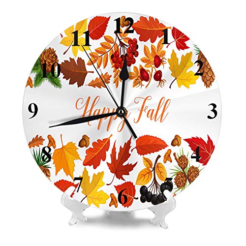 Moslion Wall Clock Happy Fall Autumn Leaf Berry Maple Pine Cone Acorn Gold Season Design Harvest Round Wall Clock Home Decor Wall Clock for Thanksgiving Day Halloween Xmas