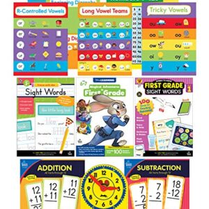 Carson Dellosa (CAS0P) First Grade Homeschool Kit for Kids – Elementary Math, Phonics, Sight Word Activities, Learn to Tell Time for Learn at Home (8pc) (145191)