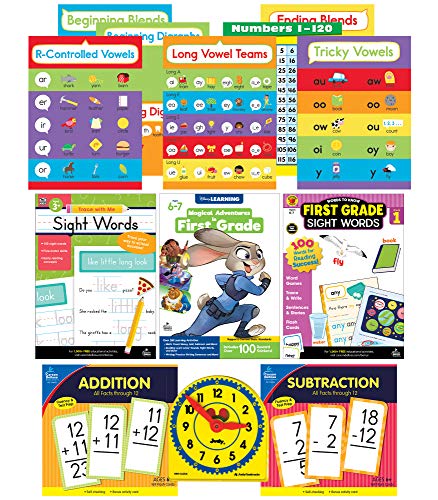 Carson Dellosa (CAS0P) First Grade Homeschool Kit for Kids – Elementary Math, Phonics, Sight Word Activities, Learn to Tell Time for Learn at Home (8pc) (145191)