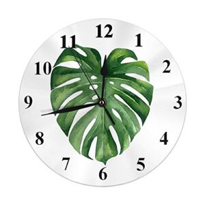 moslion wall clock tropical leaf watercolor outdoor summer exotic monstera green leaves plants round wall clock home decor wall clock for holiday birthday retirement gift