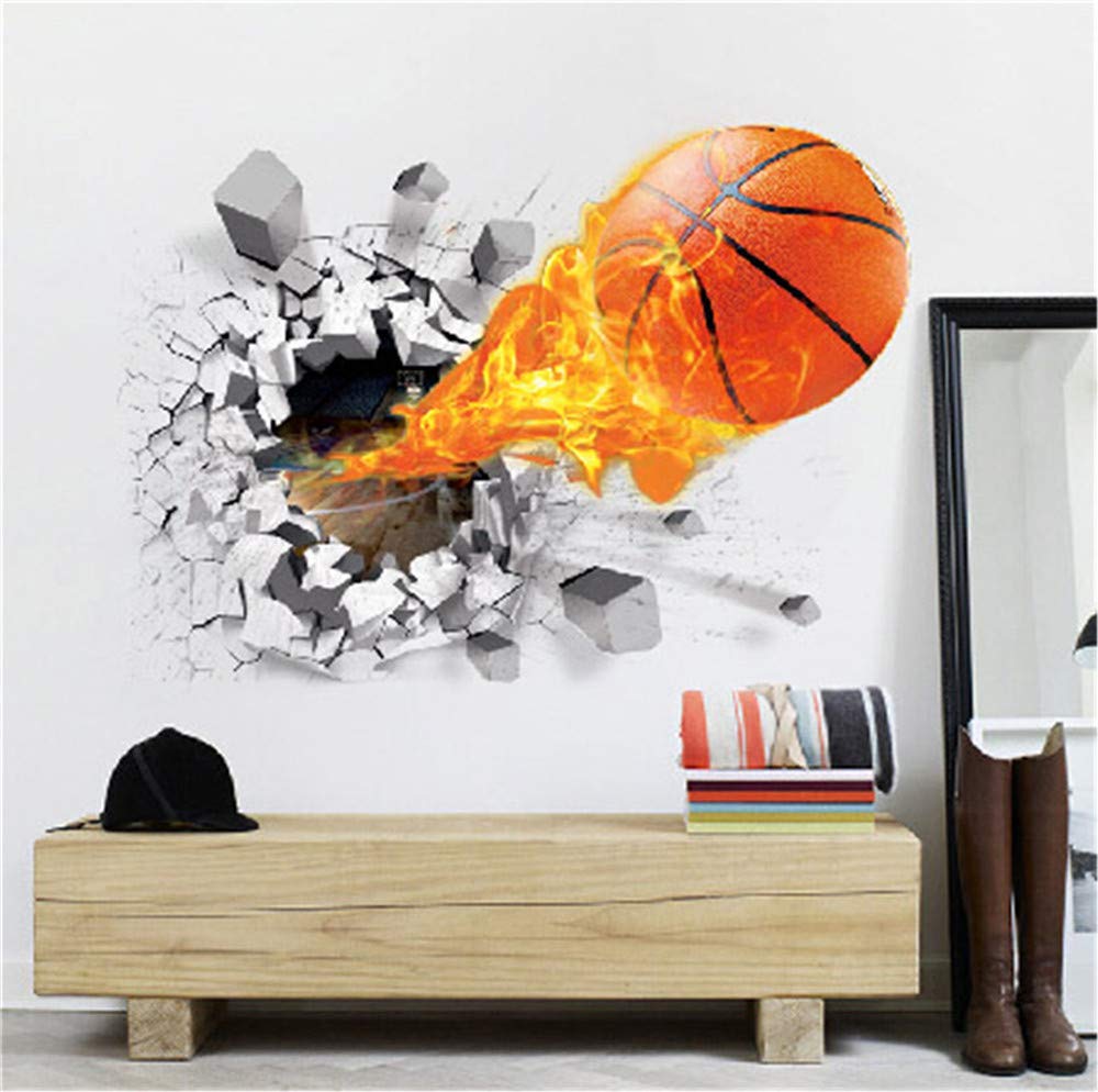 OFISSON Large Basket Ball 3D Cracked Wall Sticker Bedroom Playroom Removable Large Decal for Kids (Girls and Boys) Playroom (27,6"x19,7") (Ball on fire)