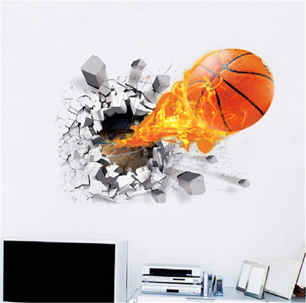 OFISSON Large Basket Ball 3D Cracked Wall Sticker Bedroom Playroom Removable Large Decal for Kids (Girls and Boys) Playroom (27,6"x19,7") (Ball on fire)