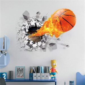 OFISSON Large Basket Ball 3D Cracked Wall Sticker Bedroom Playroom Removable Large Decal for Kids (Girls and Boys) Playroom (27,6"x19,7") (Ball on fire)