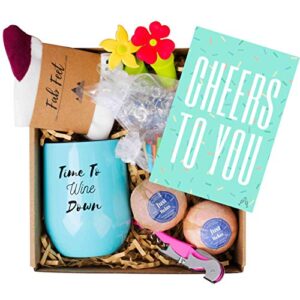 wine gifts for women - the perfect wine gift basket - 8 cute gifts in each wine lovers gift box - includes a wine tumbler bath bombs wine charms and much more - curated gift baskets for women