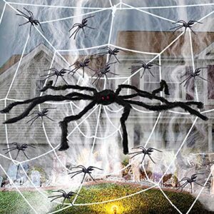 halloween spider decorations, halloween yard decoration with 5ft big scary spider, 12ft giant spider web, 20 small spider and 40g / cover 120sq huge stretch cobweb for party outside garden décor