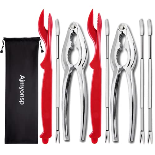 Ajmyonsp 8Pack Seafood Tools Set Crab Crackers Nut Cracker and Picks - 4 Crab Leg Forks 2 Stainless Steel Lobster Crackers 2 Shellfish Sheller Knife & Dishwasher Safe