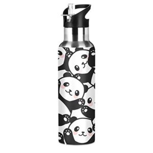 wellday water bottle cartoon panda double wall vacuum insulated flask stainless steel with straw lid 20oz