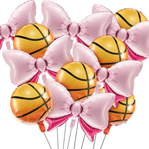 sumind 6 pieces bow balloon bow tie pink balloon foil pink balloon and 6 pieces basketball balloons foil mylar baseball balloon for throws or pink bows gender reveal party
