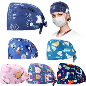6 pieces scrub caps with buttons women working cap adjustable sweatband bouffant hats (cute animals)
