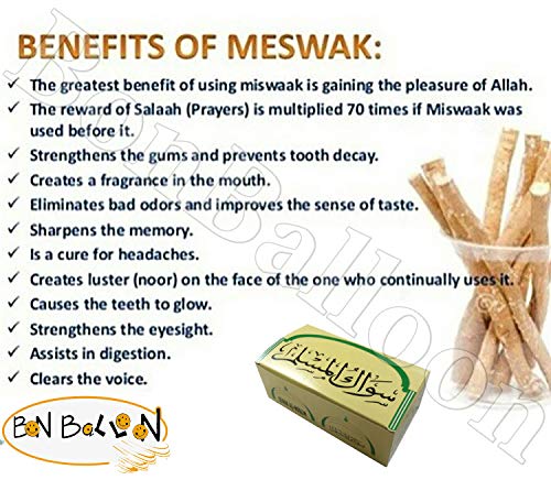 bonballoon Sewak Siwak Meswak Miswak Sticks Stick Al Muslim Natural Herbal Toothbrush Vacuum Sealed Arak Peelu Natural Flavored Brush Tooth Toothbrush 100% Organic (Three (3) Toothstick)