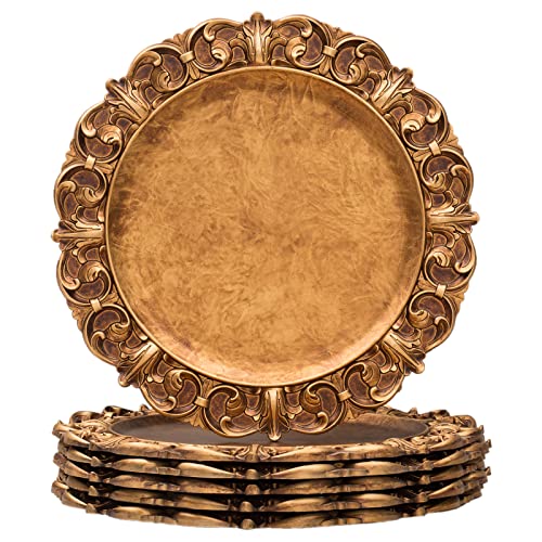 MAONAME 14" Antique Gold Charger Plates with Embossed Rims, Set of 6, Plastic Plate Chargers for Dinner Plates, Table Setting