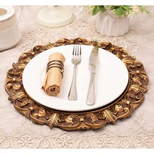 MAONAME 14" Antique Gold Charger Plates with Embossed Rims, Set of 6, Plastic Plate Chargers for Dinner Plates, Table Setting