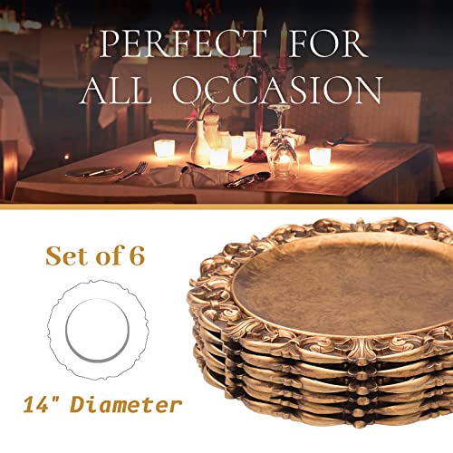 MAONAME 14" Antique Gold Charger Plates with Embossed Rims, Set of 6, Plastic Plate Chargers for Dinner Plates, Table Setting