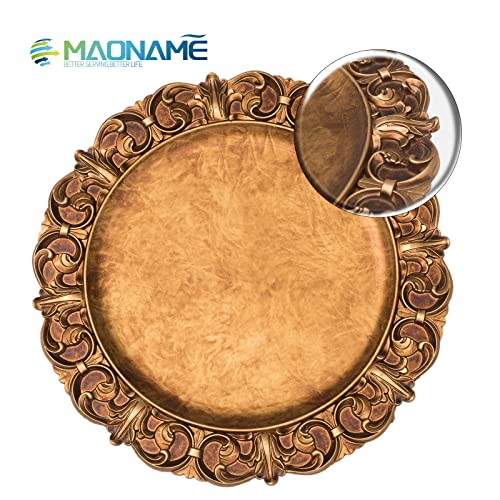 MAONAME 14" Antique Gold Charger Plates with Embossed Rims, Set of 6, Plastic Plate Chargers for Dinner Plates, Table Setting