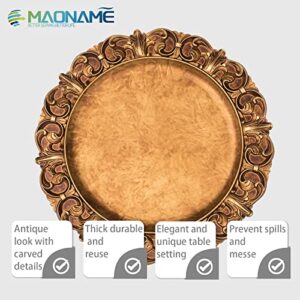 MAONAME 14" Antique Gold Charger Plates with Embossed Rims, Set of 6, Plastic Plate Chargers for Dinner Plates, Table Setting