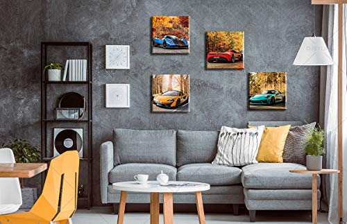 DJSYLIFE Car Posters Boys Room Decor Wall Art Giclee Canvas Prints Autumn Landscape Red Sport Car Pictures Modern Artwork for Bedroom Home Decorations Painting 12x12 inchesx4 Framed Ready to Hang