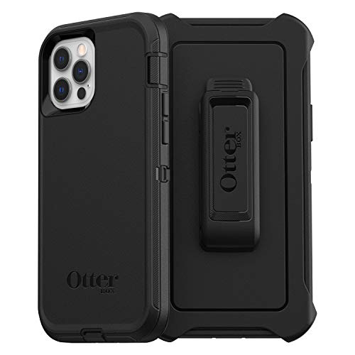 OtterBox iPhone 12 and 12 Pro Defender Series Case - Single Unit Ships in Polybag, Ideal for Business Customers - BLACK, rugged & durable, with port protection, includes holster clip kickstand